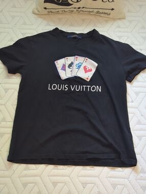Louis Vuitton Black Tee with Multicolor Playing Card Motif Size Small RARE JAPAN